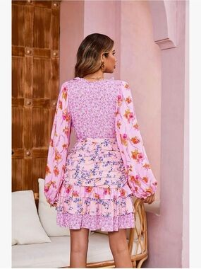 Pink Ripple Summer Long Sleeve Boh Floral V Neck Layered Ruffle Patchwork Size M